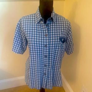 BLUE & WHITE PLAID German Bavarian Trachten Lds BLOUSE Shirt Euro sz 42/US sz 12